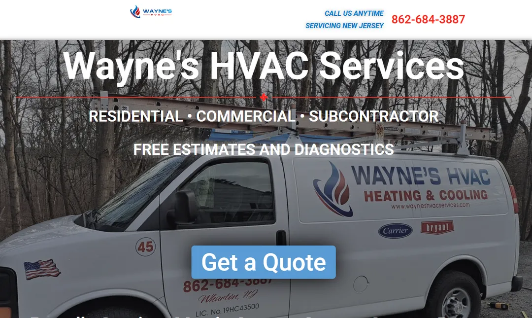 Wayne's HVAC old homepage: van photo with stacked text over it
